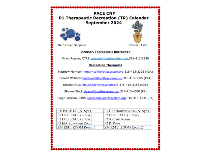 PACE CNY September 2024 Therapeutic Recreation Calendar