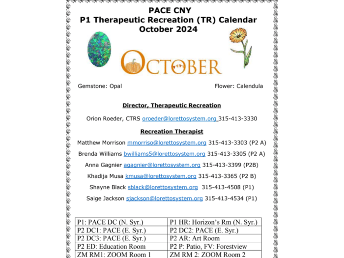 PACE CNY October 2024 Therapeutic Recreation Calendar