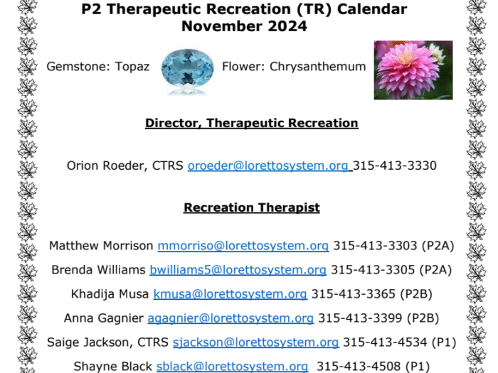 PACE CNY November 2024 Therapeutic Recreation Calendar