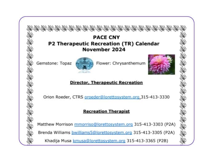 PACE CNY December 2024 Therapeutic Recreation Calendar