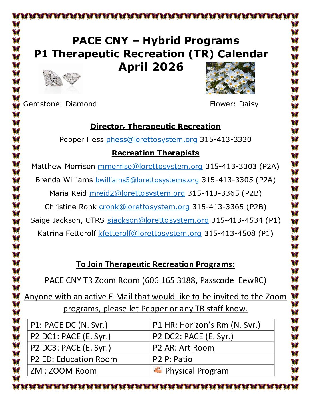 PACE CNY April Therapeutic Recreation Calendar – Sally Coyne Day Center