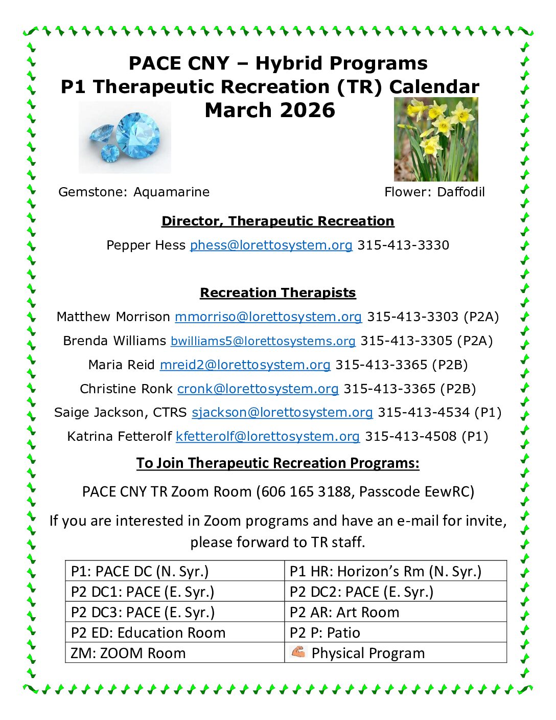 PACE CNY March Therapeutic Recreation Calendar – Sally Coyne Day Center