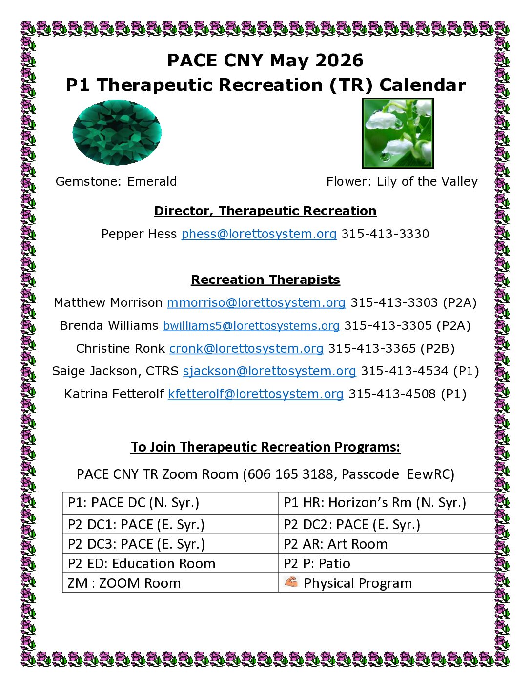 PACE CNY May Therapeutic Recreation Calendar – Sally Coyne Day Center