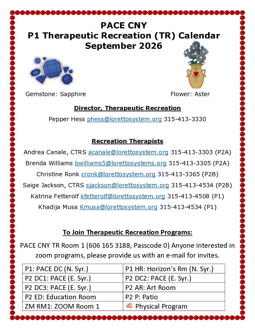 PACE CNY September Therapeutic Recreation Calendar – Sally Coyne Day Center