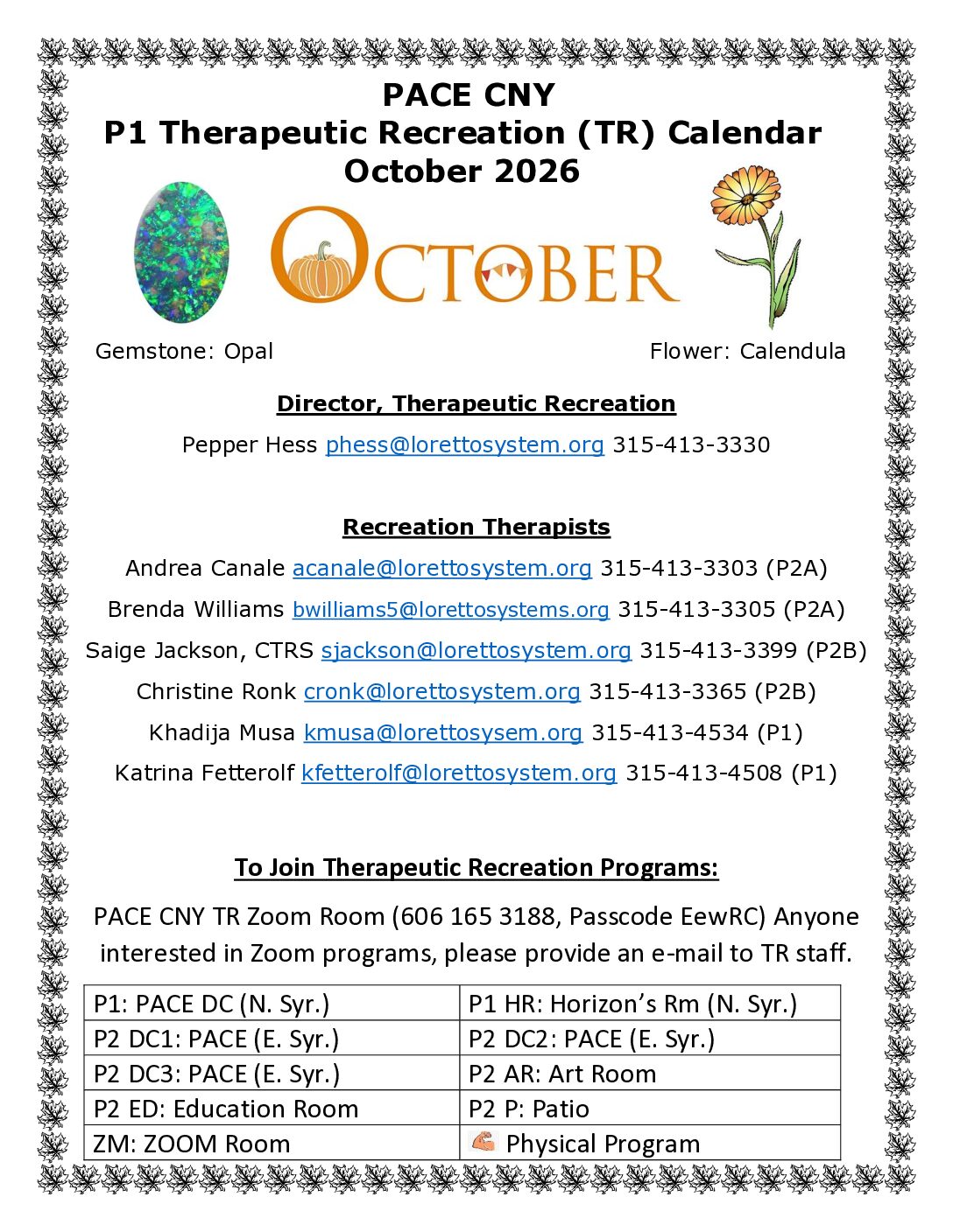 PACE CNY October Therapeutic Recreation Calendar – Sally Coyne Day Center
